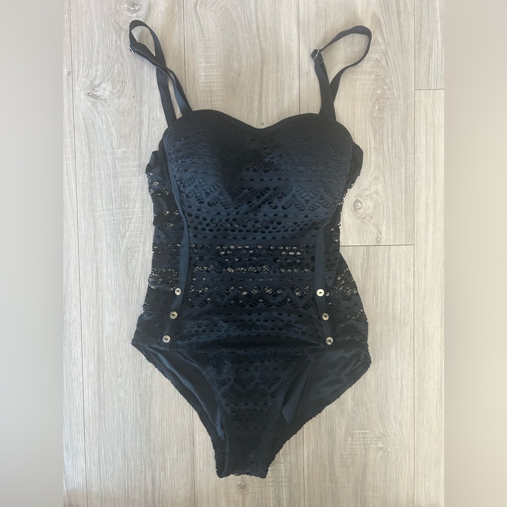 Women’s Black Knit Lace One-Piece Swimsuit | Elegant Swimwear